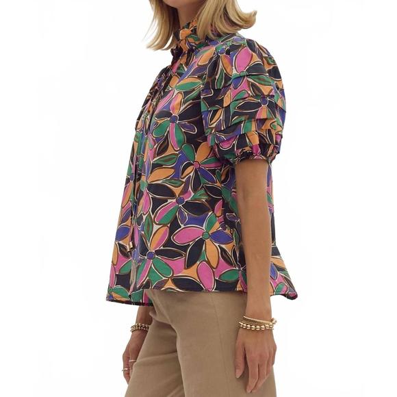 NEW ENTRO floral print short sleeve tiered detail blouse in multicolor